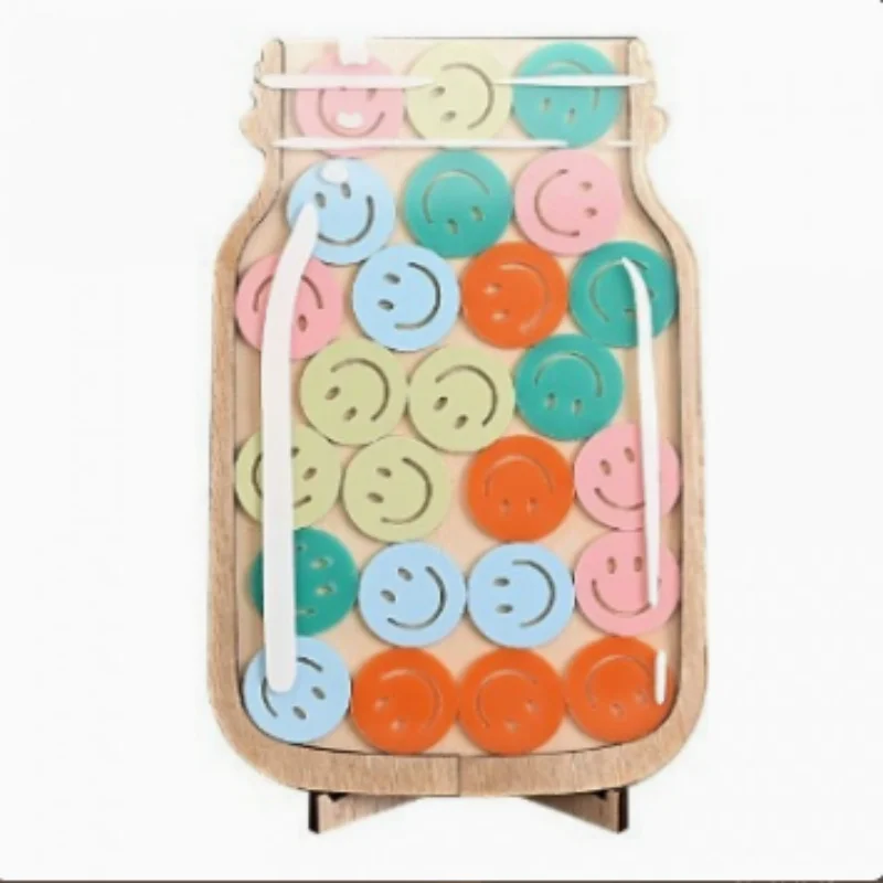 New Arrival Wooden Smiley Face Reward Saving Jar, Cute Handmade Wood Craft Desktop Ornament, Home Decor Piggy Bank Ideal Back to