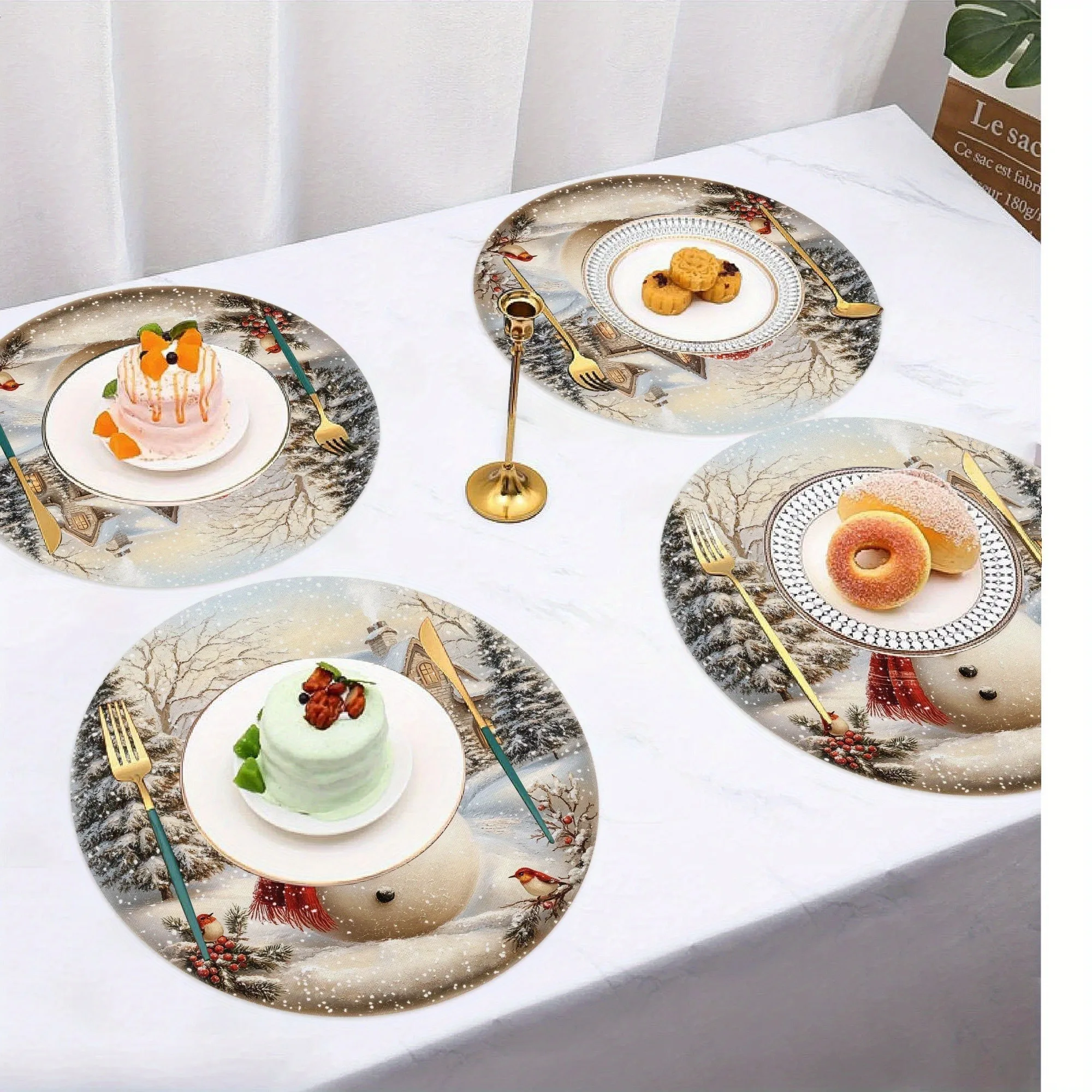 2/4/6/8Pcs Red Snowman Christmas Round Placemats with Christmas Tree, Birdhouse, Chimney Patterns, Winter Seasonal Non-Slip Washable Table Mats Suitable for Party, Kitchen, and Restaurant Decoration
