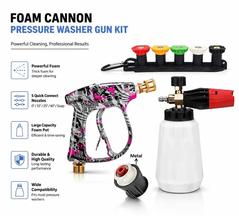 Modern Graffiti Pressure Washer Gun Kit with Foam Bottle, 5 Nozzles & Holder, Universal Metal Lavor Adapter