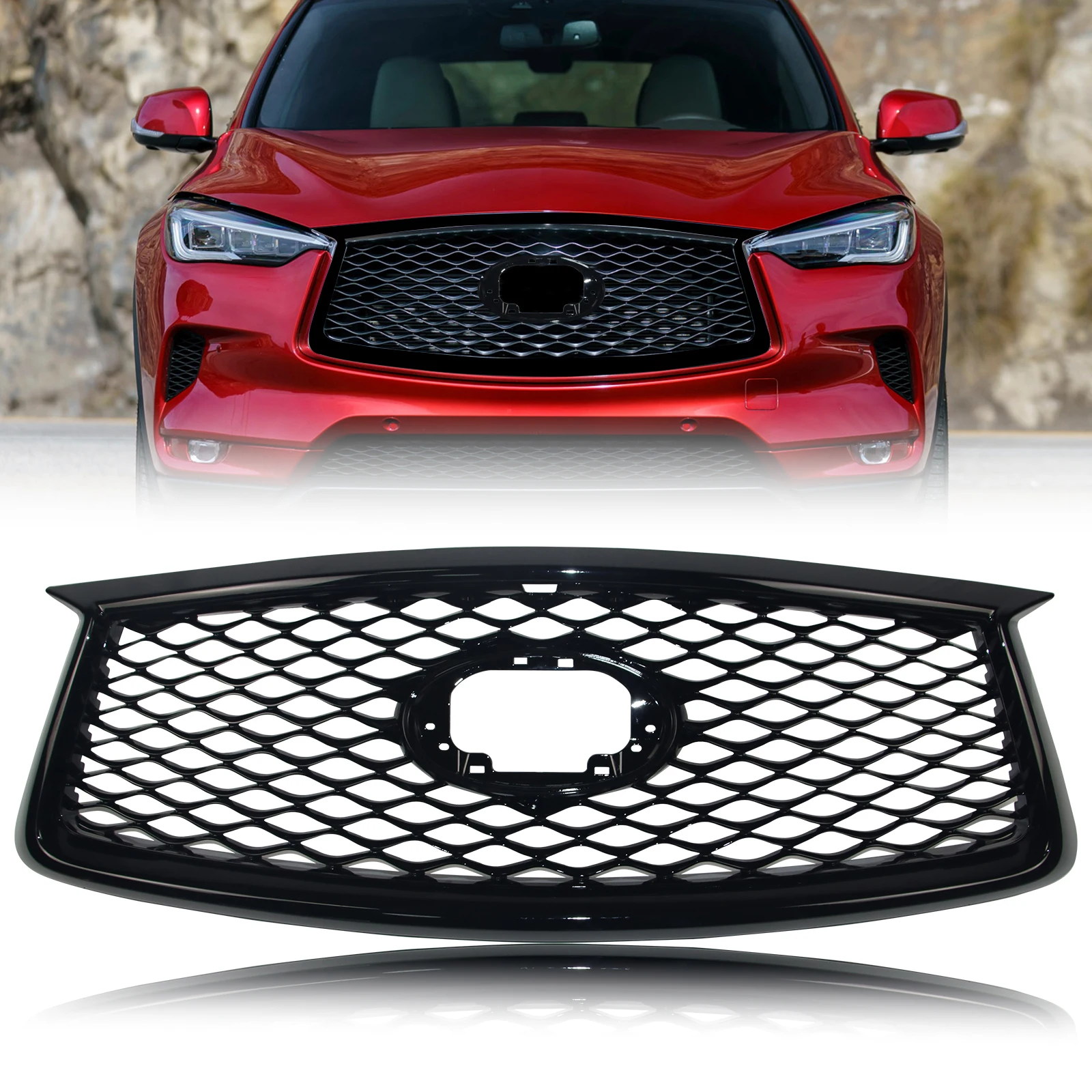 Front Grill for 2019-2021 INFINITI QX50 w/Camera Hole Gloss Black