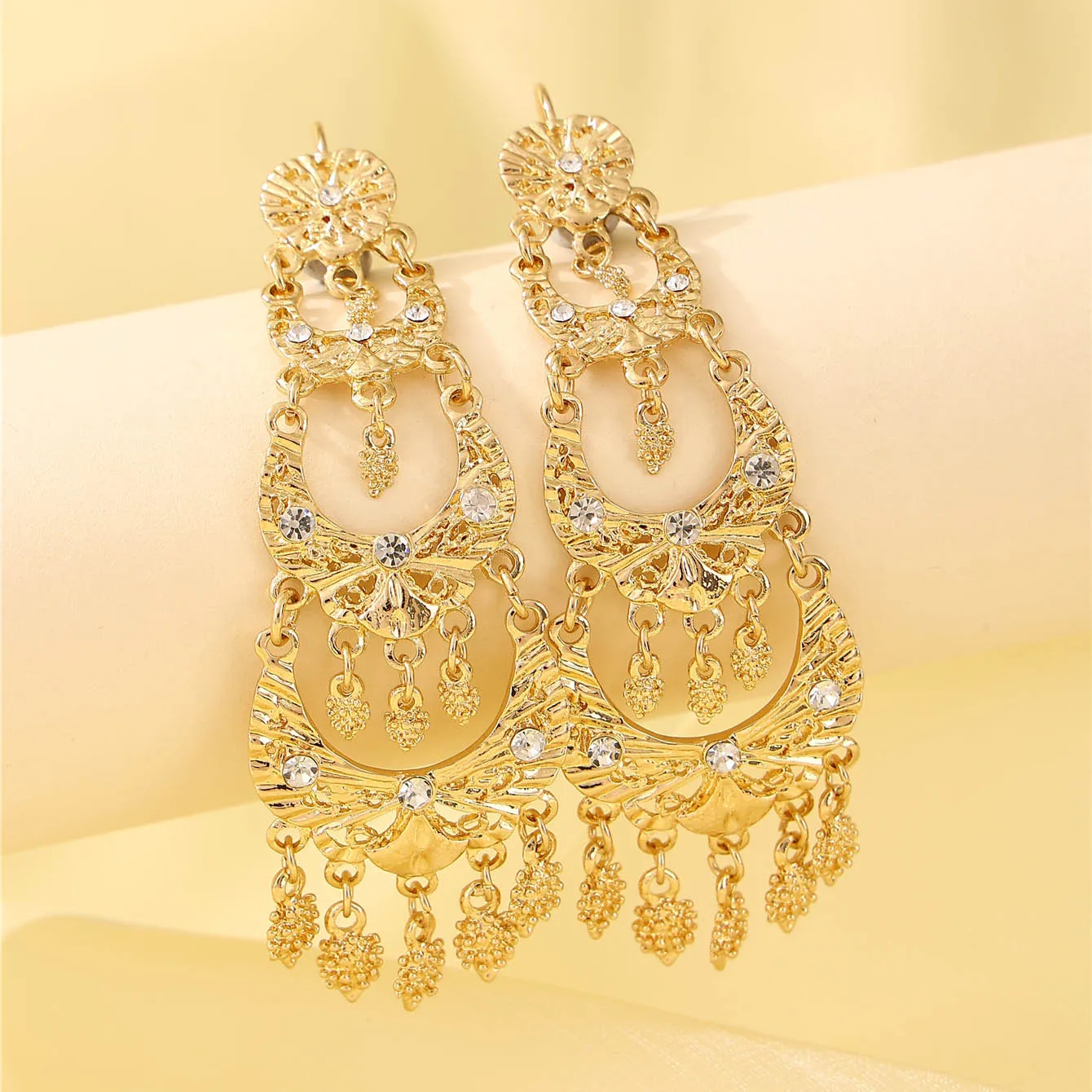 Gilded Ladies' Earrings, Multi-Layered, Luxurious Dignified, Middle Eastern Bridal Party Accessories, Performance Jewelry