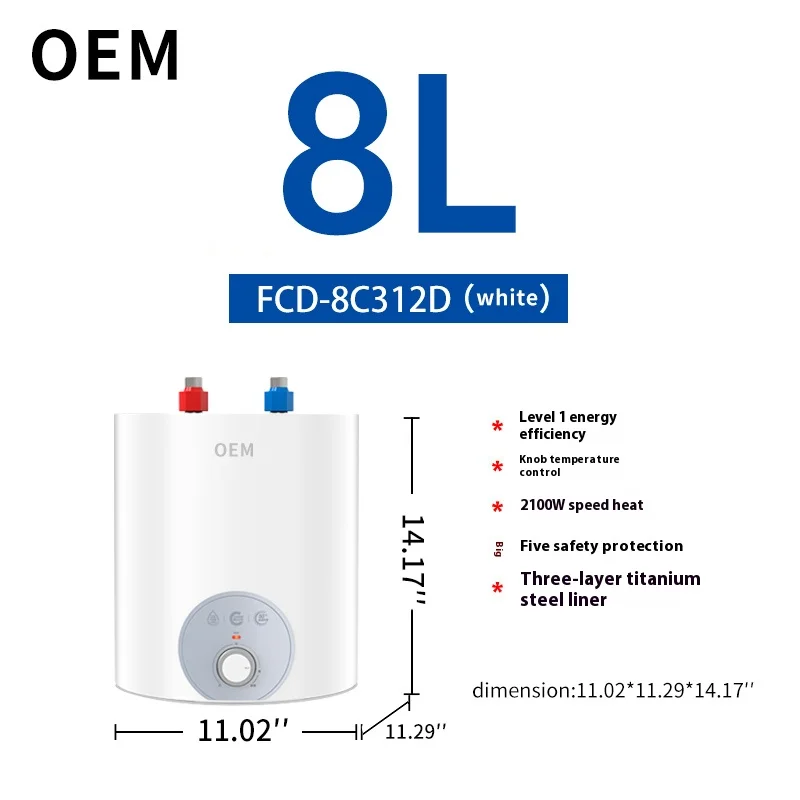 2100W 8리터 전기 온수기 온도 조절기 빠른 가열 온수 저장 소형 주방 RV 야외 사용 가정용 싱크대