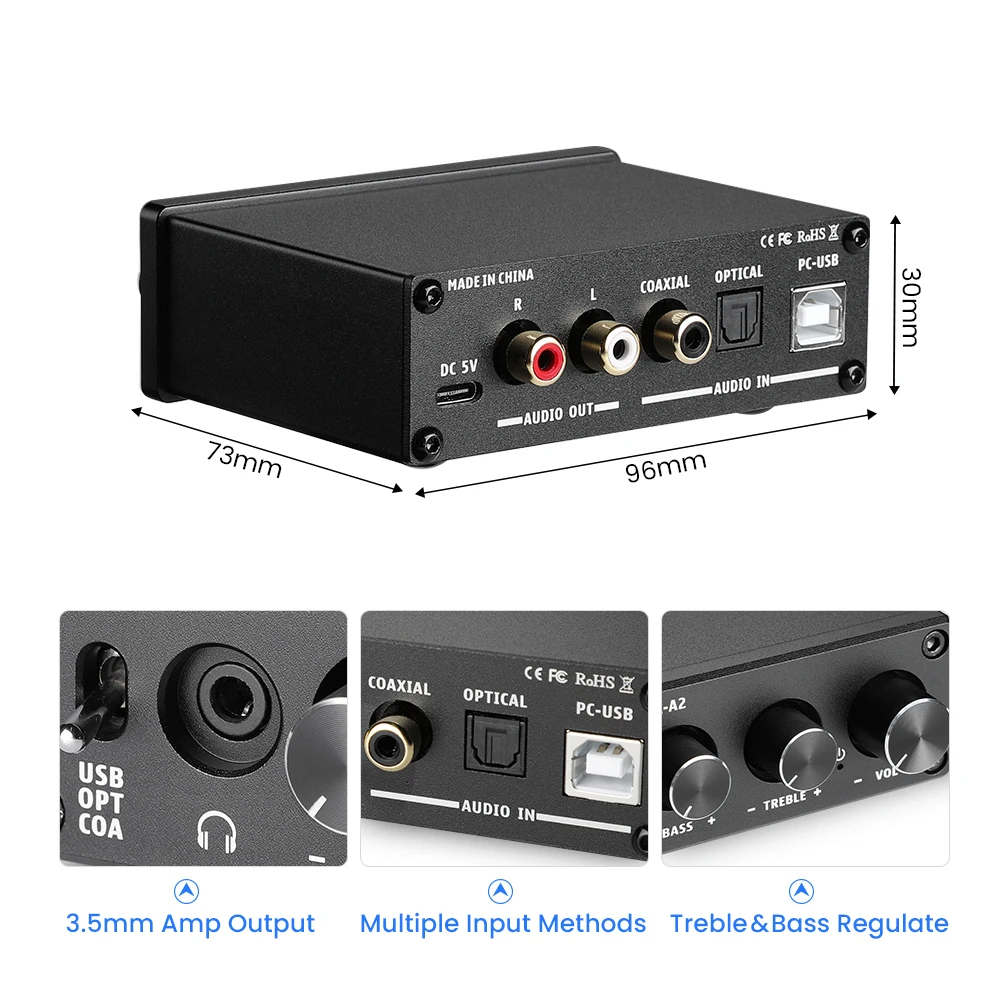 AIYIMA DAC-A2 HiFi Audio Decoder USB Headphone Amplifier Coaxial Optical Output Stereo Gaming DAC For Amplifier Active Speakers