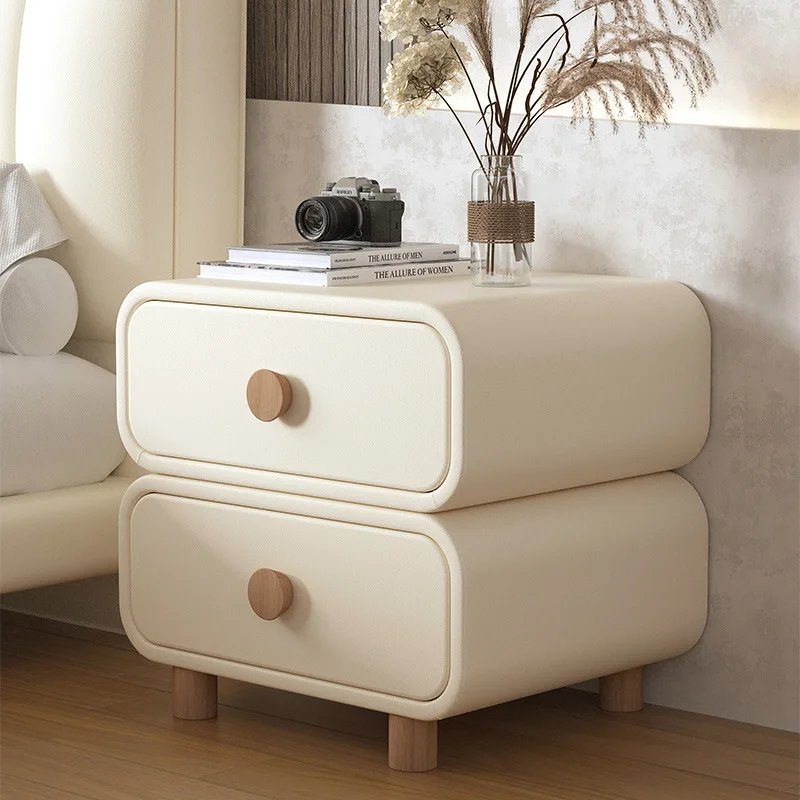 

Cream wind bedside table Bedroom solid wood leather bedside table Simple modern minimalist installation-free small storage