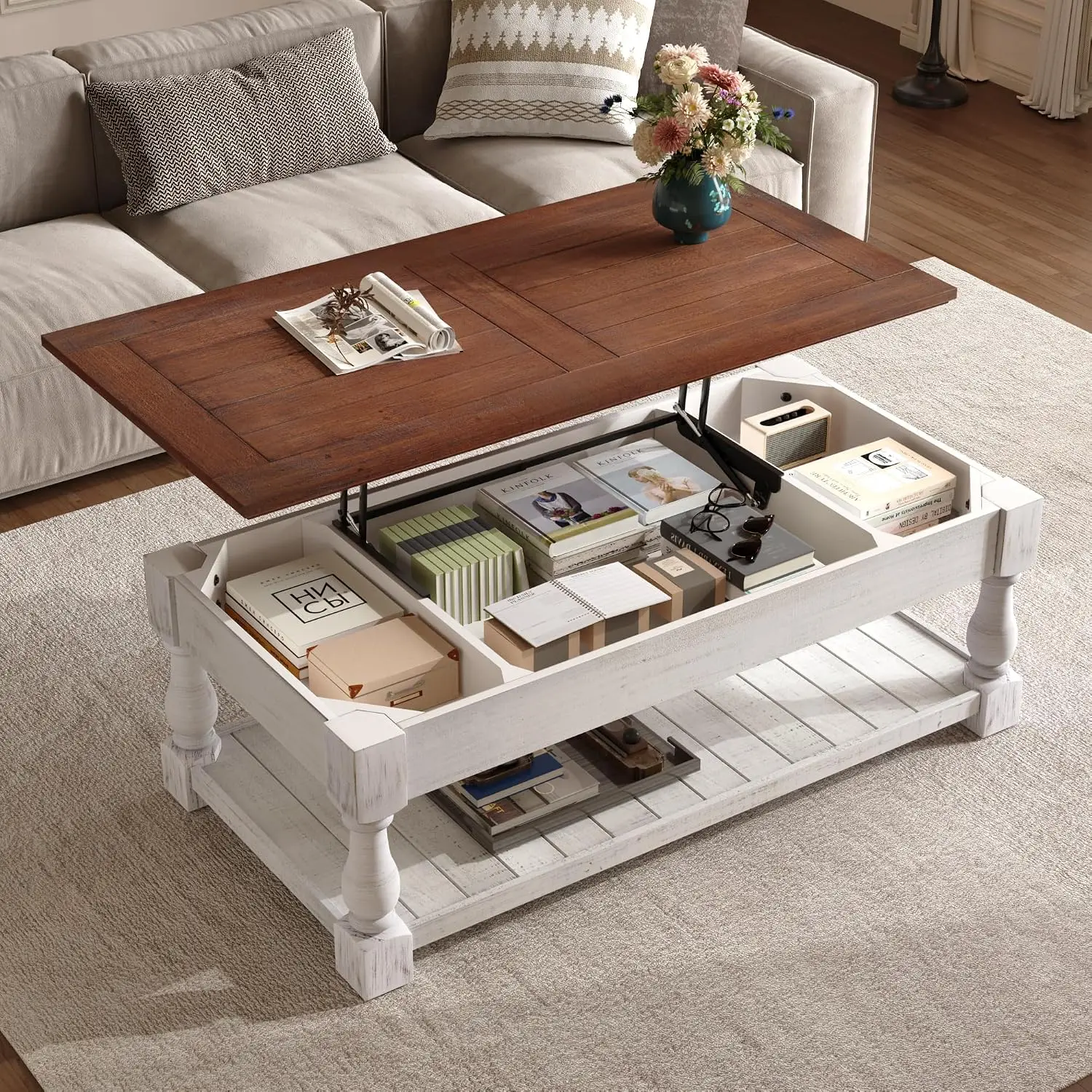 Lift Top Coffee Table Hidden Storage Open Shelf, Sofa Side Table Living Room, Walnut Brown Weathered White, Customized