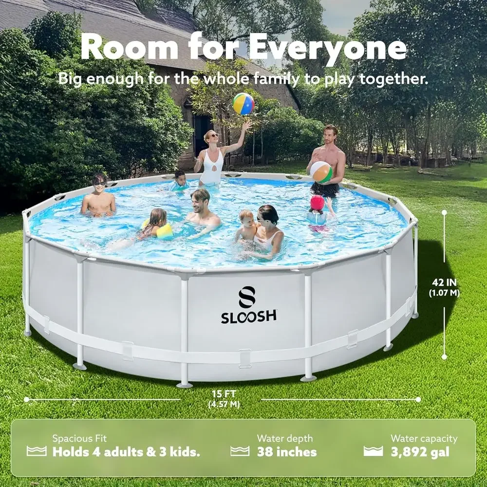 Round 15ft x 42in Outdoor Above Ground Swimming Pool Set with Filter Pump and Ladder for Kids and Adults