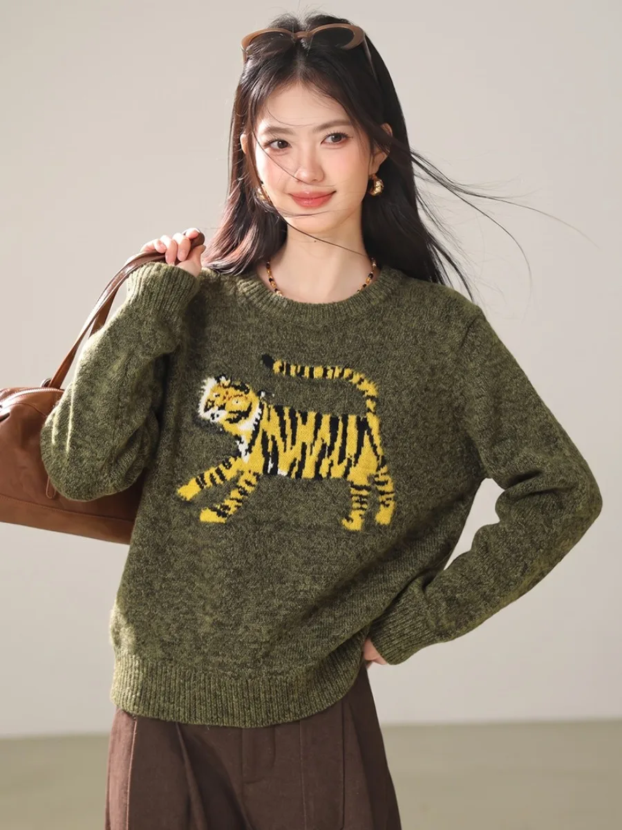 Pink Mixed Color Knitted Sweater round Neck Tiger Pattern Loose Long Sleeve Autumn Top Women's Fashion Soft Knitwear