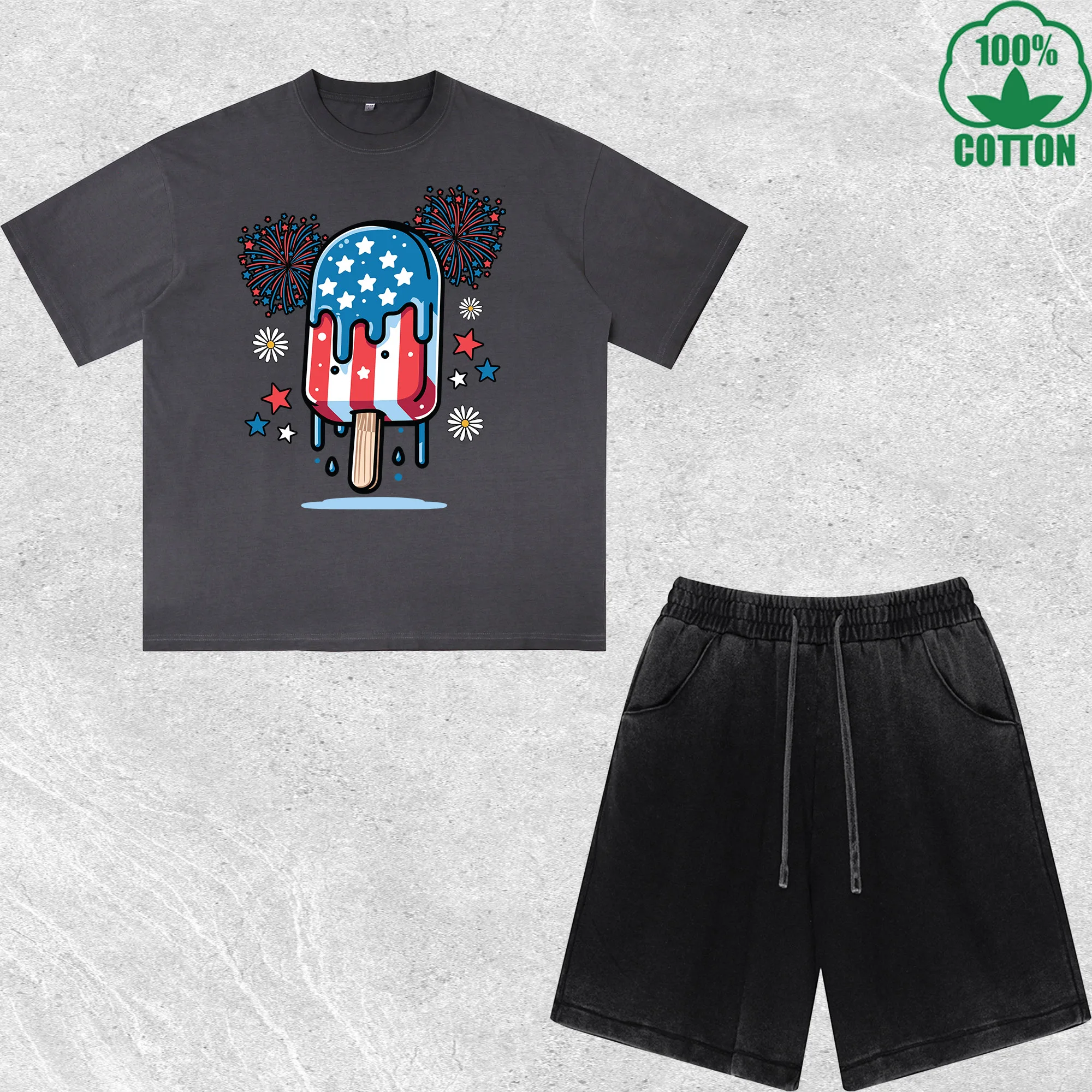 

American-Style Popsicle Printed Dirty Wash T-Shirt Shorts Set Combo Loose Trendy Fashionable 100%Cotton Black Suit