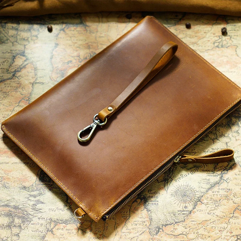 Fromthenon Head Layer Cowhide Leather File Bag Computer Case Laptop Notebook Cowhide File Zipper Bag Office Supplies