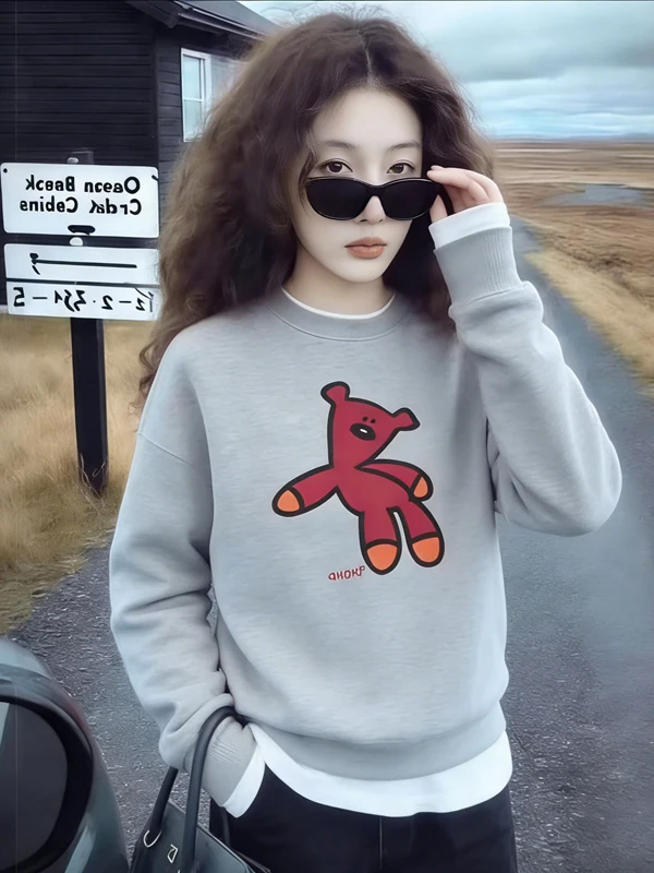 

Женский свитшот больших размеров с круглым вырезом, на флисовой подкладке, утепленный, с мультяшным принтом, для ранней весны, приталенный, премиум-класса