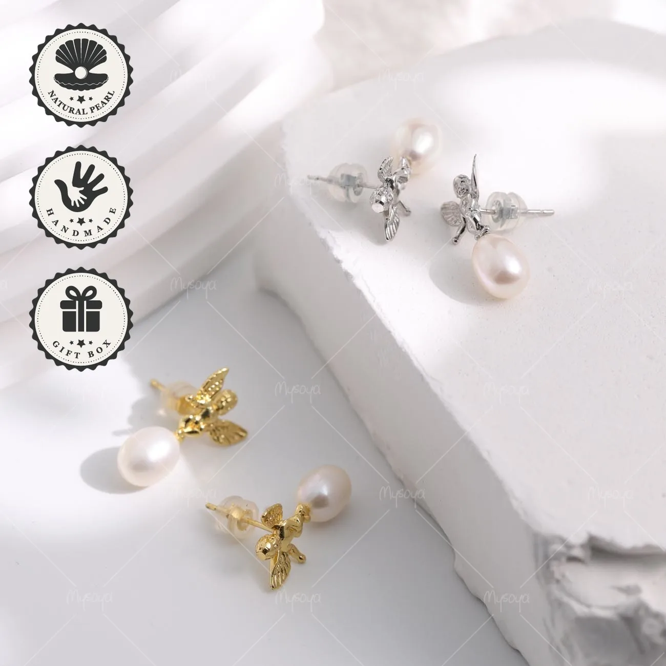 

Mysoya Golden Silvery Angel Earrings White Rice Freshwater Pearl 6–7mm Gift Box Valentine’s Day Birthday Gift For Her