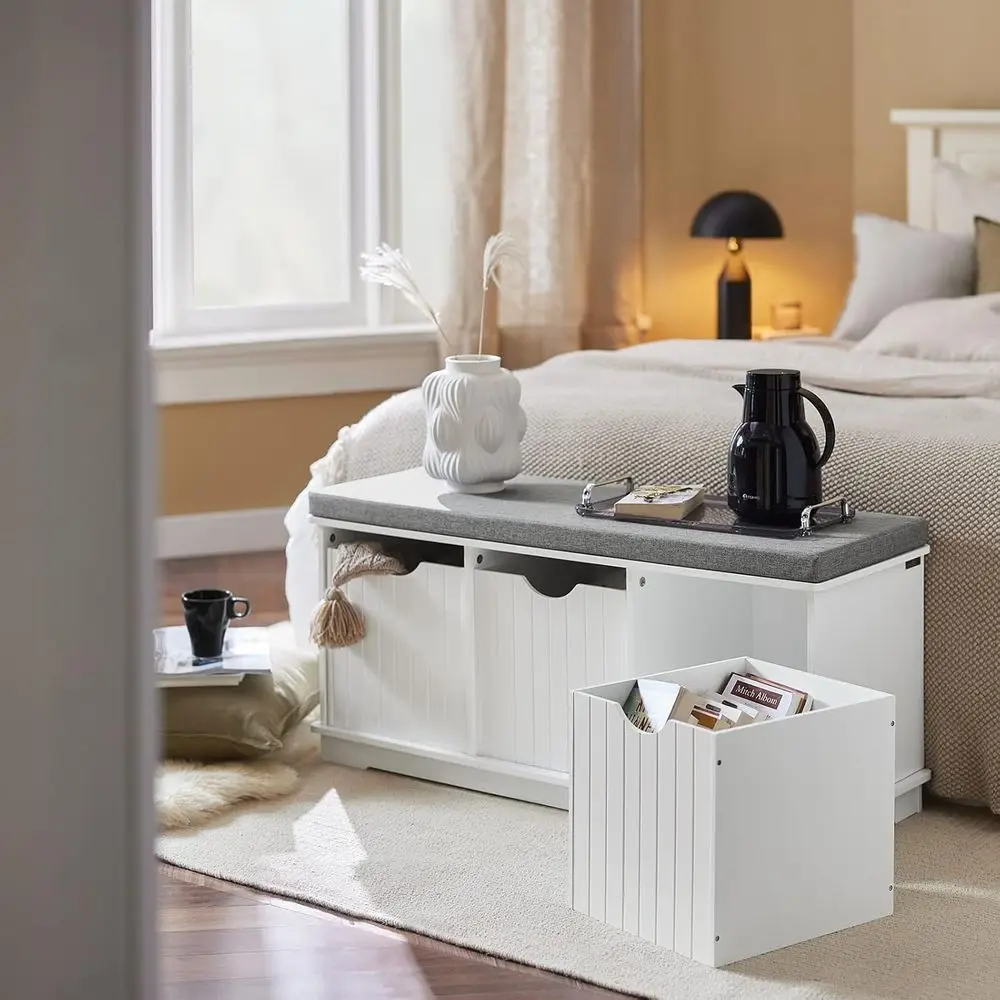 Haotian White Storage Bench with Ders & Seat Cushion | Hallway Shoe Cabinet Shoe Bench, SR30-W