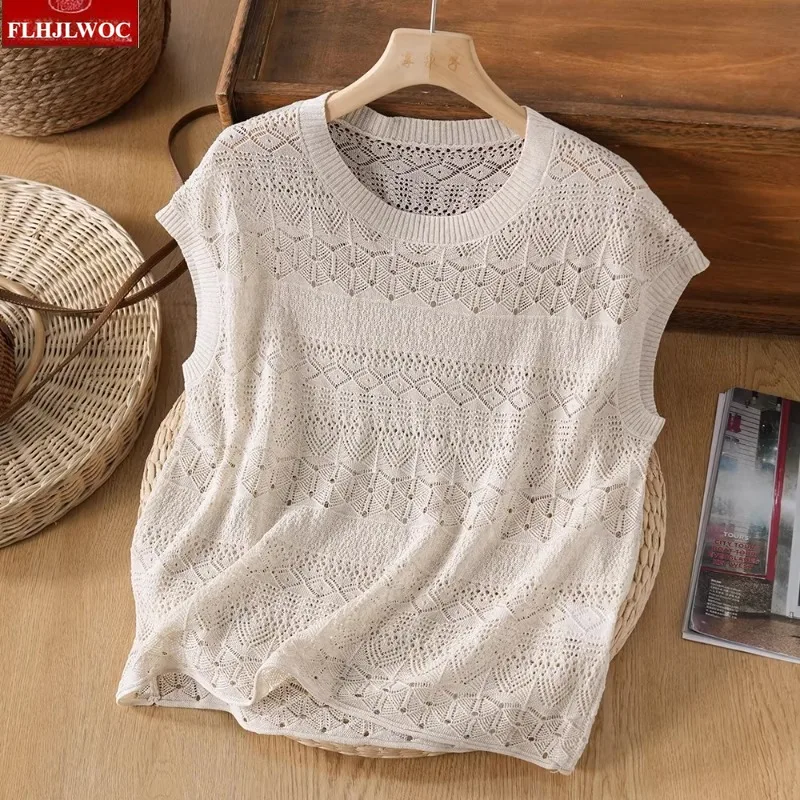Hollow Out Crochet Tops Basics T-Shirts New Fashion Woman Short Sleeve Casual O Neck Retro Vintage Line Top Tees