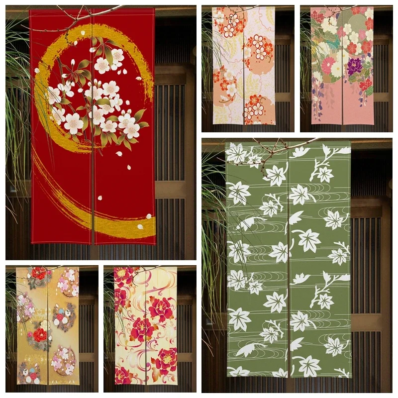 Floral Flowers Door Curtain Art Painting Japanese Doorway Living Room Partition Curtains Pub Drape Entrance Hanging Half-Curtain