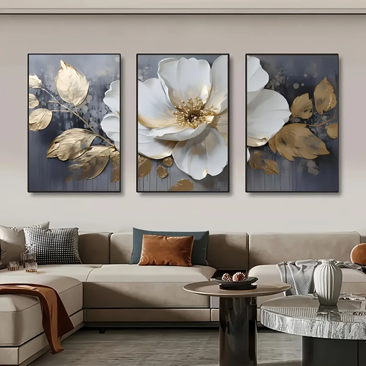 3 Pieces White Gold Peony Flower Canvas Wall Art, Luxury Textured Floral Print For Modern Living Room Home Decor