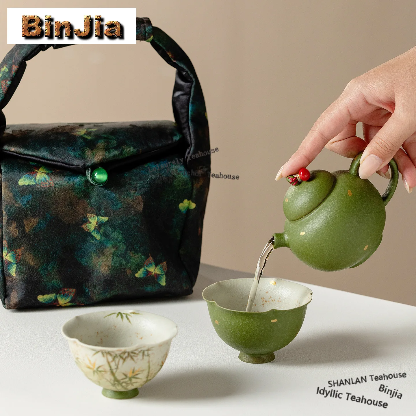 Hand-painted Bamboo Travel Tea Set Kit Aesthetic 1 Pot 2 Cups Tea Maker Organizer Portable Picnic Tote Bag Tea Items Collection