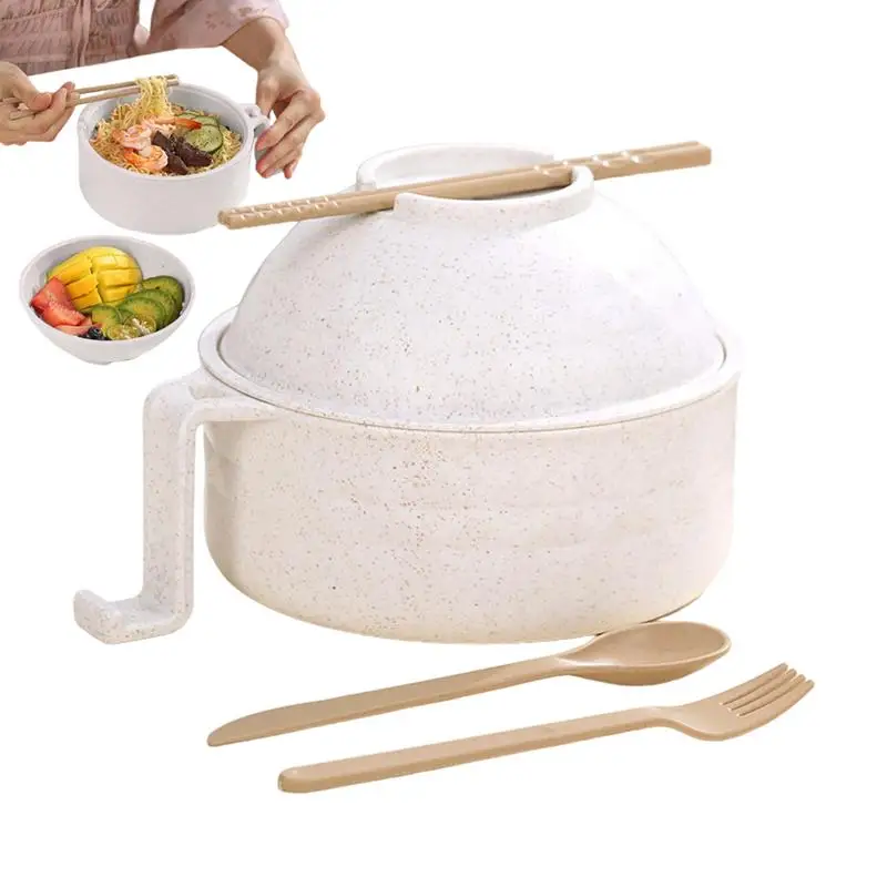 Ensemble de Bols à Ramen pour Micro-Ondes, Mignon, avec Poignée de Couvercle, Fourchette, Cuillère, Baguettes, Couverts, Multi-usage, Grande Capacité