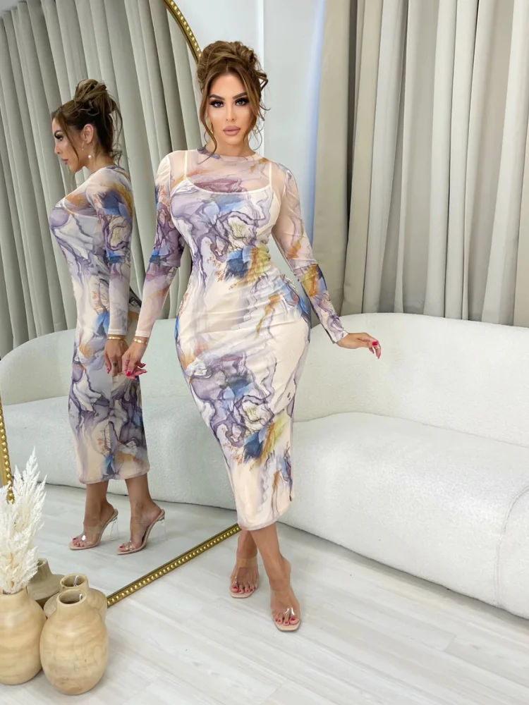 

BKLD Autumn New Women Clothing Fashion Printed Long Sleeve Perspective Mesh Sexy Night Club Outfits Party Long Dresses