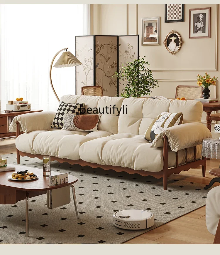 

Nordic Solid Wood Sofa Living Room American Straight Cream Style Sofa French Fabric Sofa