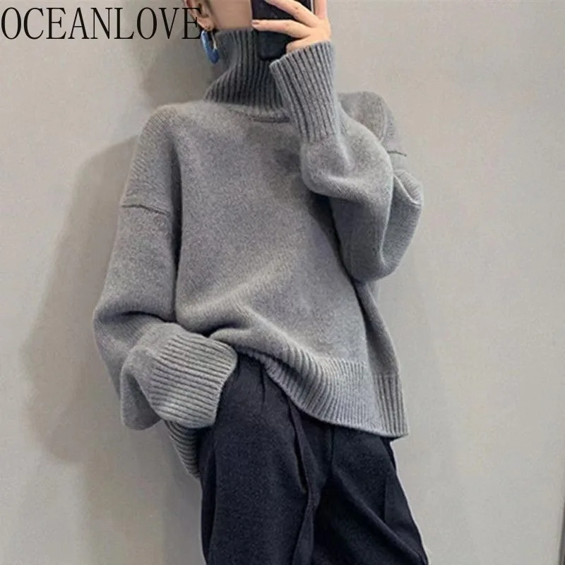 

OCEANLOVE водолазка женские свитера однотонные корейские модные теплые толстые Ropa De Mujer осень-зима простые свободные пуловеры