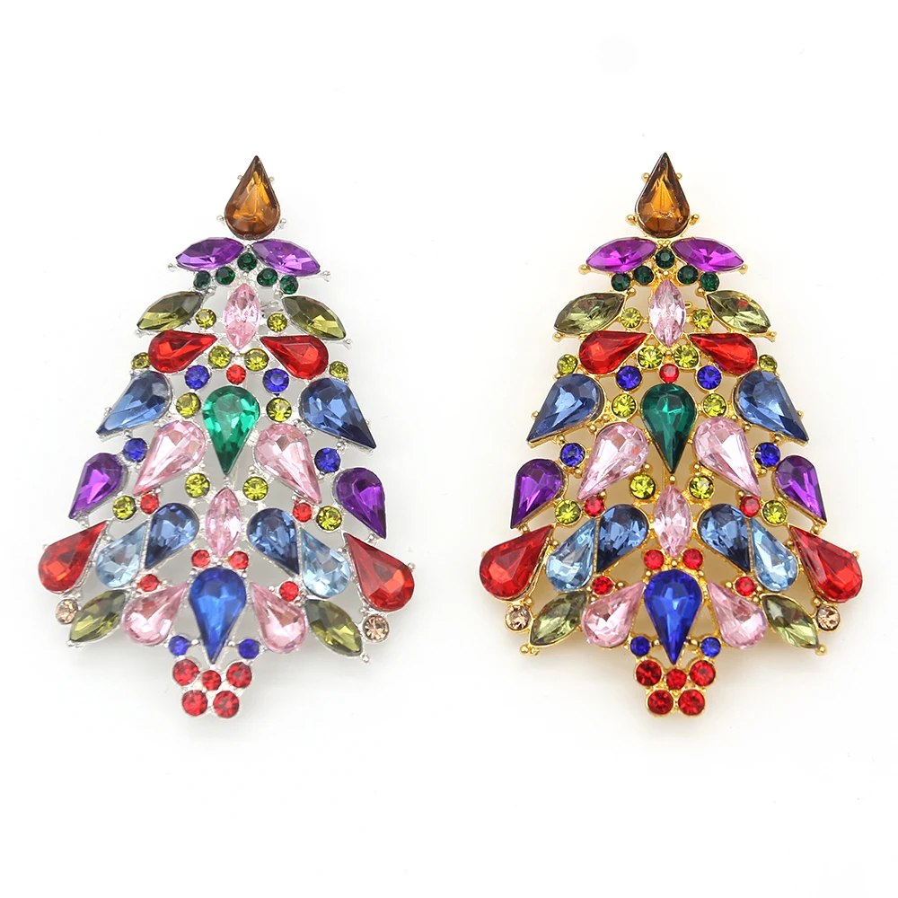 

10pcs/lot Multicolor Rhinestone Christmas Tree Brooch Crystal Christmas Holiday Brooches Pin for Women