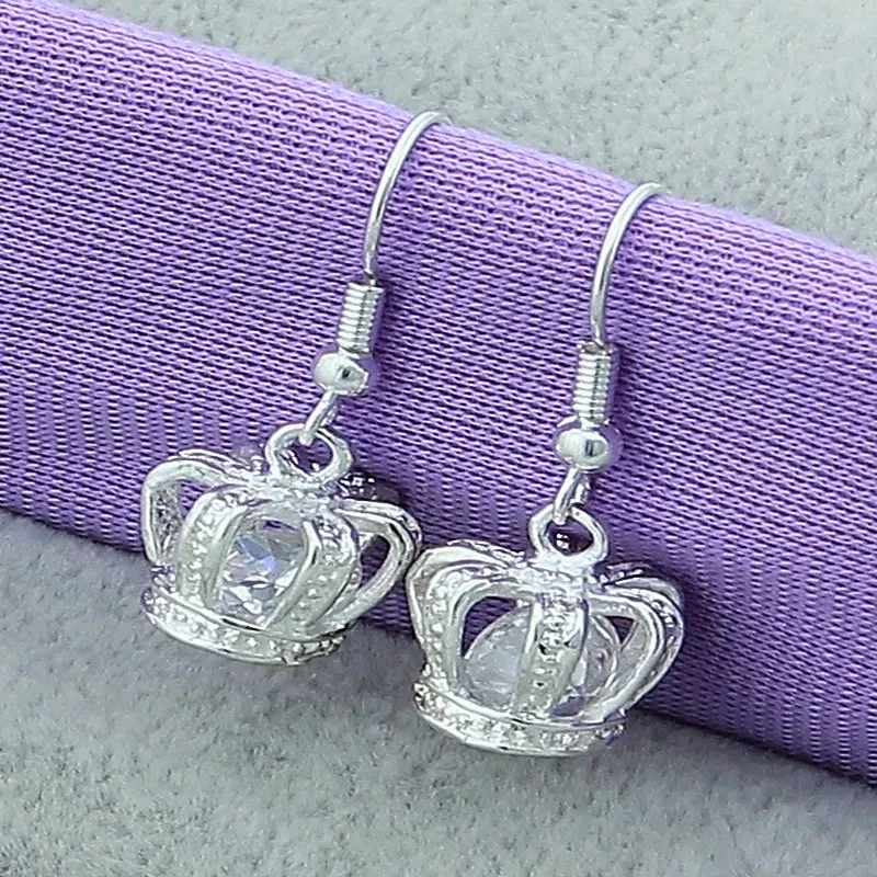 

925 Sterling Silver Crown Drop Earrings For Woman Wedding Engagement Party Fashion Charm Jewelry