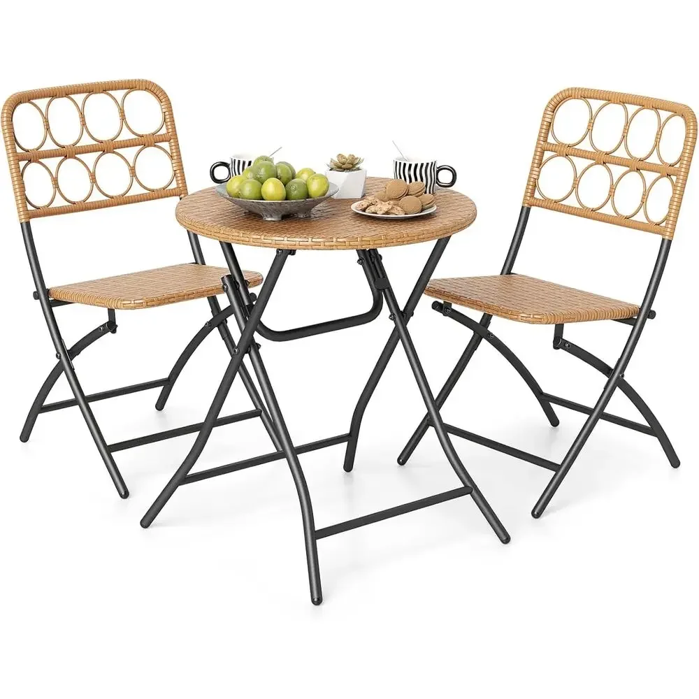 Portable Outdoor Bistro Set: PE Rattan Round Dining Table & 2 Chairs for Patio, Garden, Balcony