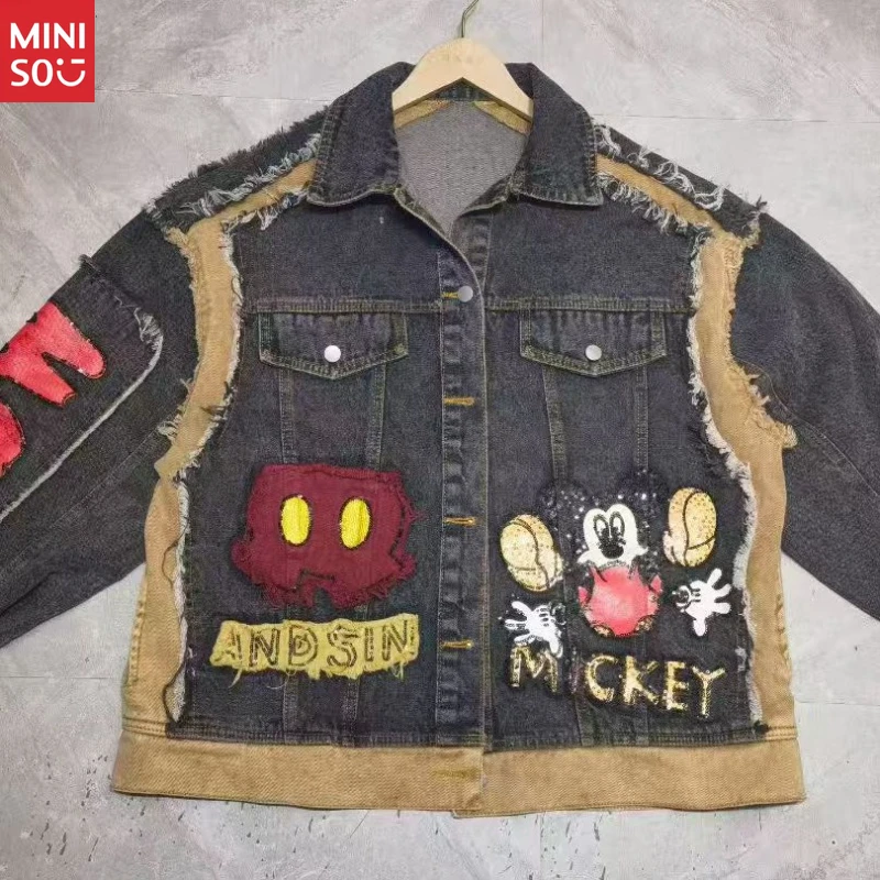 

Disney USA Street Denim Jacket, Ripped Flame Embroidery, Unisex Washed Spring Coat