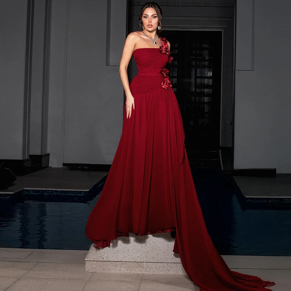 

Classy Valentine's Day Dresses Spandex A-line Formal Evening Dress Burgundy One-shoulder Applique Pleat Formal Party Dress Long