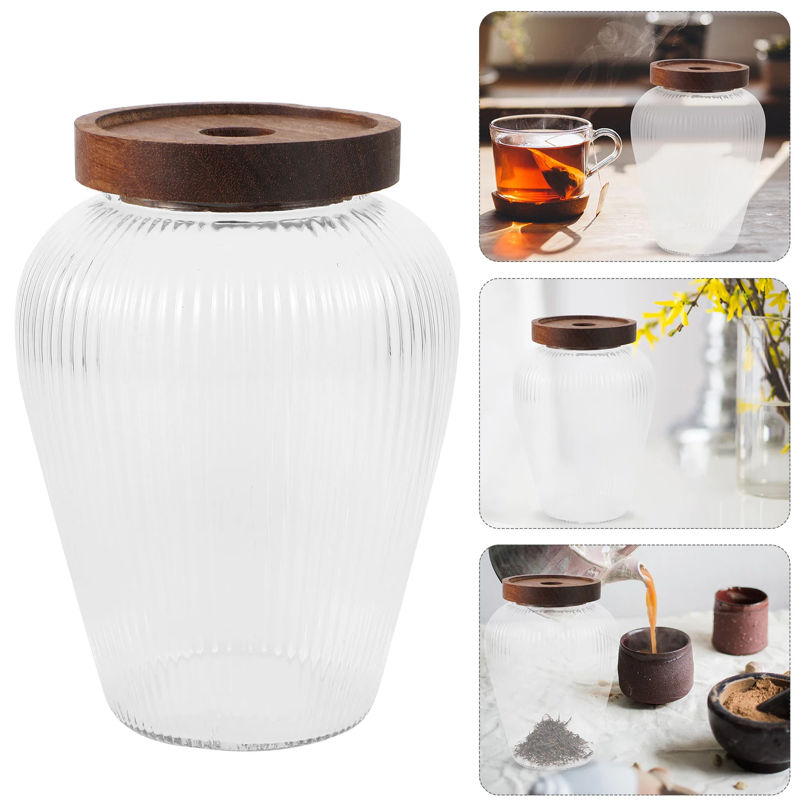 

Tea Glass Grain Containers Sealed Jar Dry Fruit Pantry Jars Wooden Canister Airtight Storage Kitchen ganizer