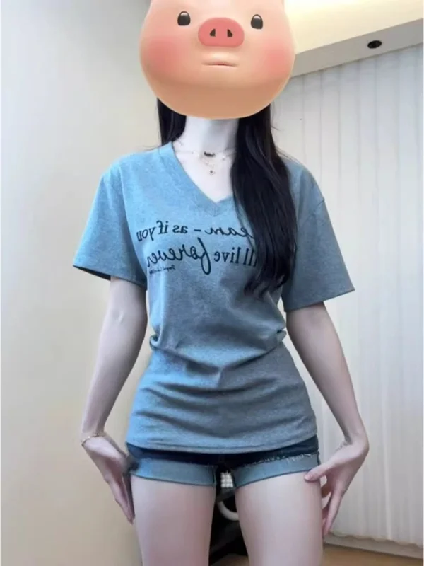 

Женская футболка оверсайз в американском ретро-стиле с V-образным вырезом, летняя, свободная, стройнящая, повседневная, с открытыми плечами