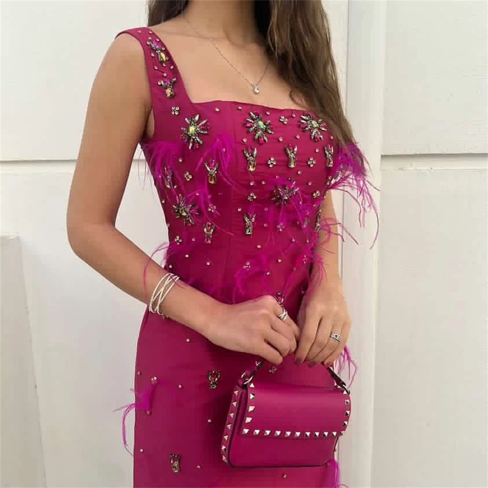 Jiayigong-Jersey de plumas de alta calidad con lentejuelas, vestido Midi fruncido para graduación, línea A, cuello cuadrado, a medida, para ocasiones, noche