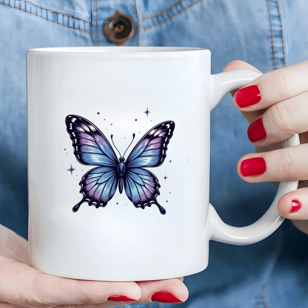 

11oz Butterfly Blue Gradient Mug + Cartoon Illustration Kids Drink Cup Christmas Family Office Cup
