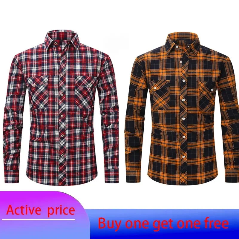 

American size flannel autumn/winter long-sleeved men's shirt Casual business non-ironing red plaid plus size social wear