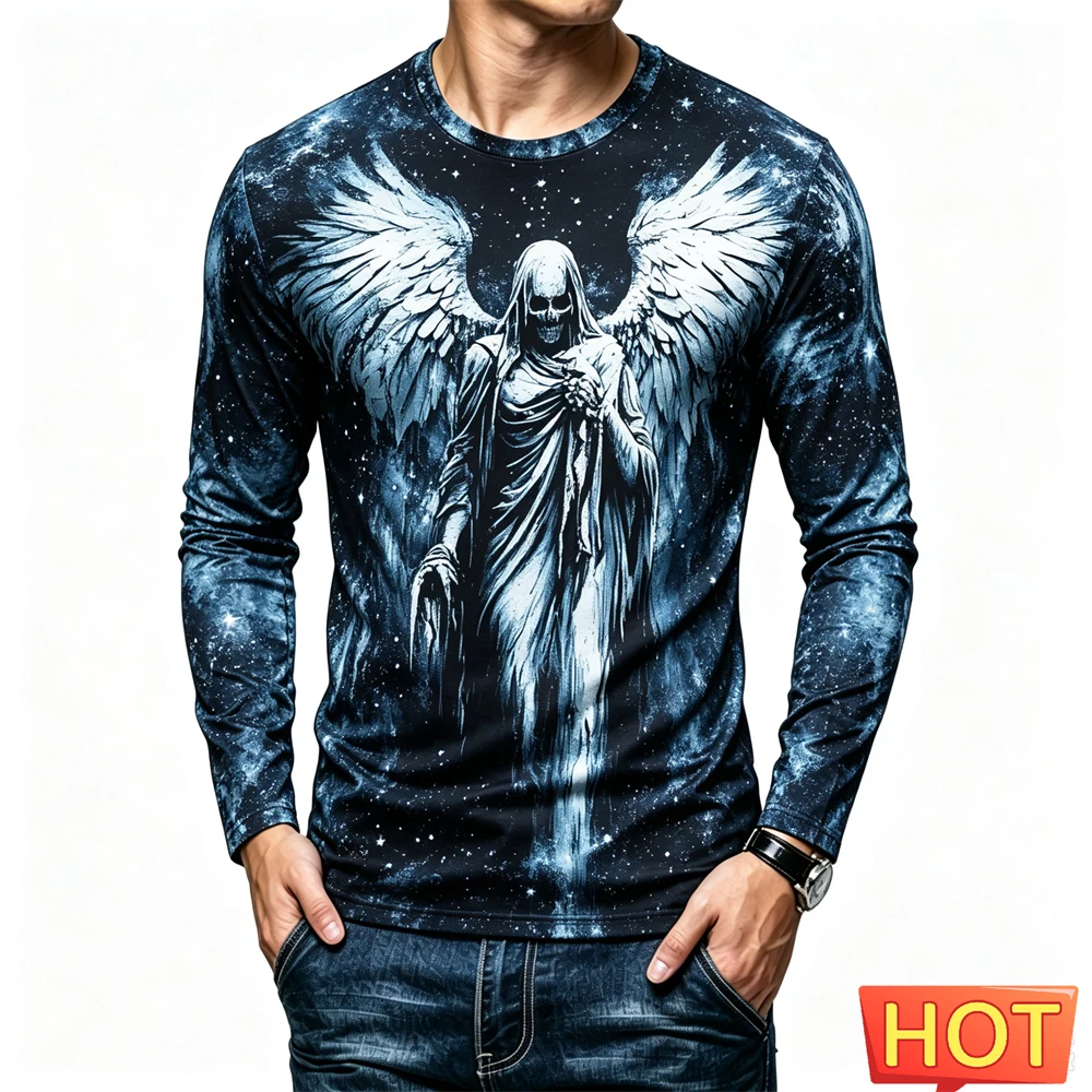 Funny 3D Devil Angel Print Men's T Shirt Autumn Casual O-neck Pullover Hip Hop Trend Clothing Fashion Loose Long Sleeve T-shirts
