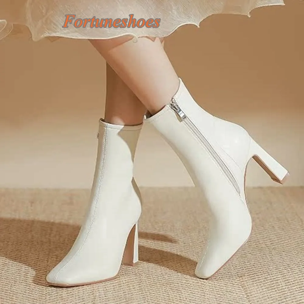 

7-9cm Square Toe Women Boots Mid Calf Side Zipper Chunky High Heel Solid Pumps 2025 Newest Casual Fashion Spring/winter Boots