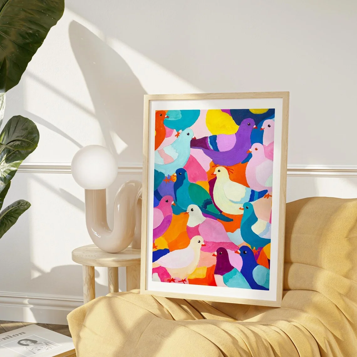 Pigeon Party Fine Art Print | Dopamine Decor Oil Painting | Vibrant Bird Wall Art | Quirky Colourful Fun Framed Art Print | Rain