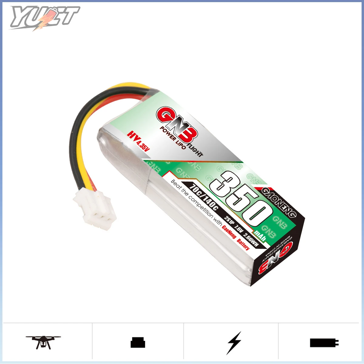 YUCT GNB 2S LiPo Batteria 350mAh LiHV 7.6V PH2.0 70C/Max140C Batteria Al Litio Per FPV Drone Quadcopter Scala 1/28 Mini RC Auto
