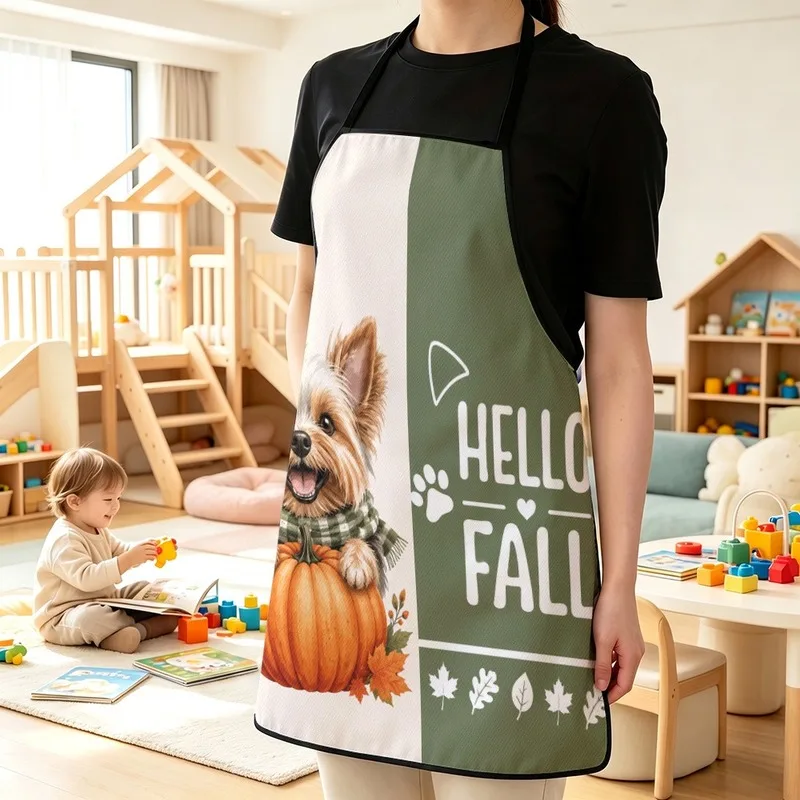 1PC【Apron】2DFlat effect，Printed with a cute of a Yorkshire terrier holding a pumpkin in a autumn setting，Both durabl