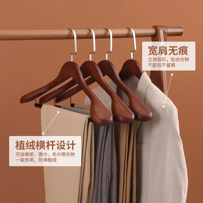 1PC Non-slip Wood Clothes Hanger Wide Shoulder Flocking Rod Hanger Clothes Drying Rack Household Wardrobes Thick Clothes Support