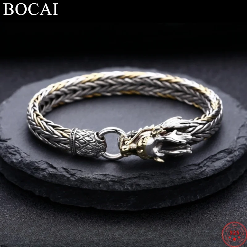 

BOCAI S925 Sterling Silver Bracelets for Men New Fashion 3D Loong Heads Wide Horsewhip-chain Punk Jewelry Free Shipping