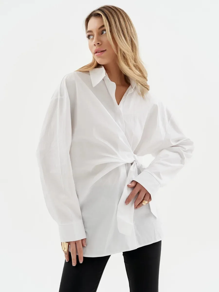 

Новая женская модная рубашка во французском стиле с отложным воротником, однобортная, с завязками на талии, с длинными рукавами