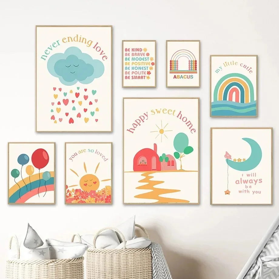 Rainbow Cloud Sun Moon Balloon House Quotes Wall Art Minimalist Print Canvas Painting for Bedroom Modern Home Decor