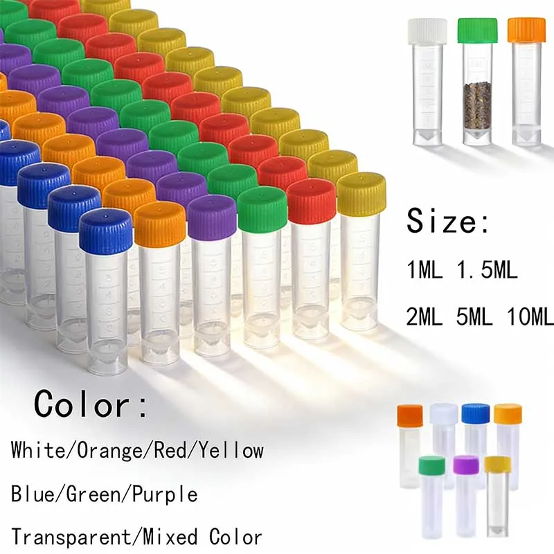 25-100Pcs Plastic Test Tubes Vials Sample Container Powder Craft Screw Cap Bottles for Office School Chemistry Supplies 1-10ml
