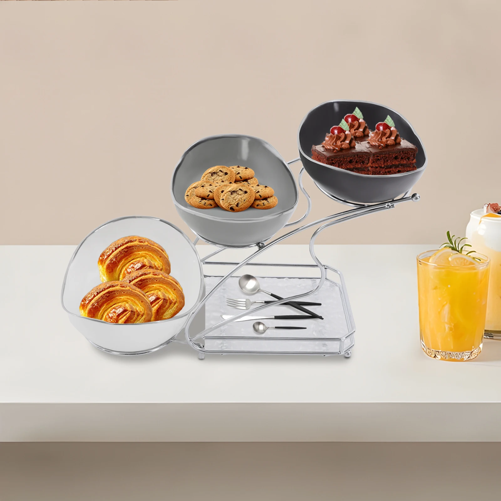 

3-х ярусная подставка для фруктов с 3 противоскользящими керамическими мисками для фруктов, овощей, тортов, закусок и любым столом на свадьбу