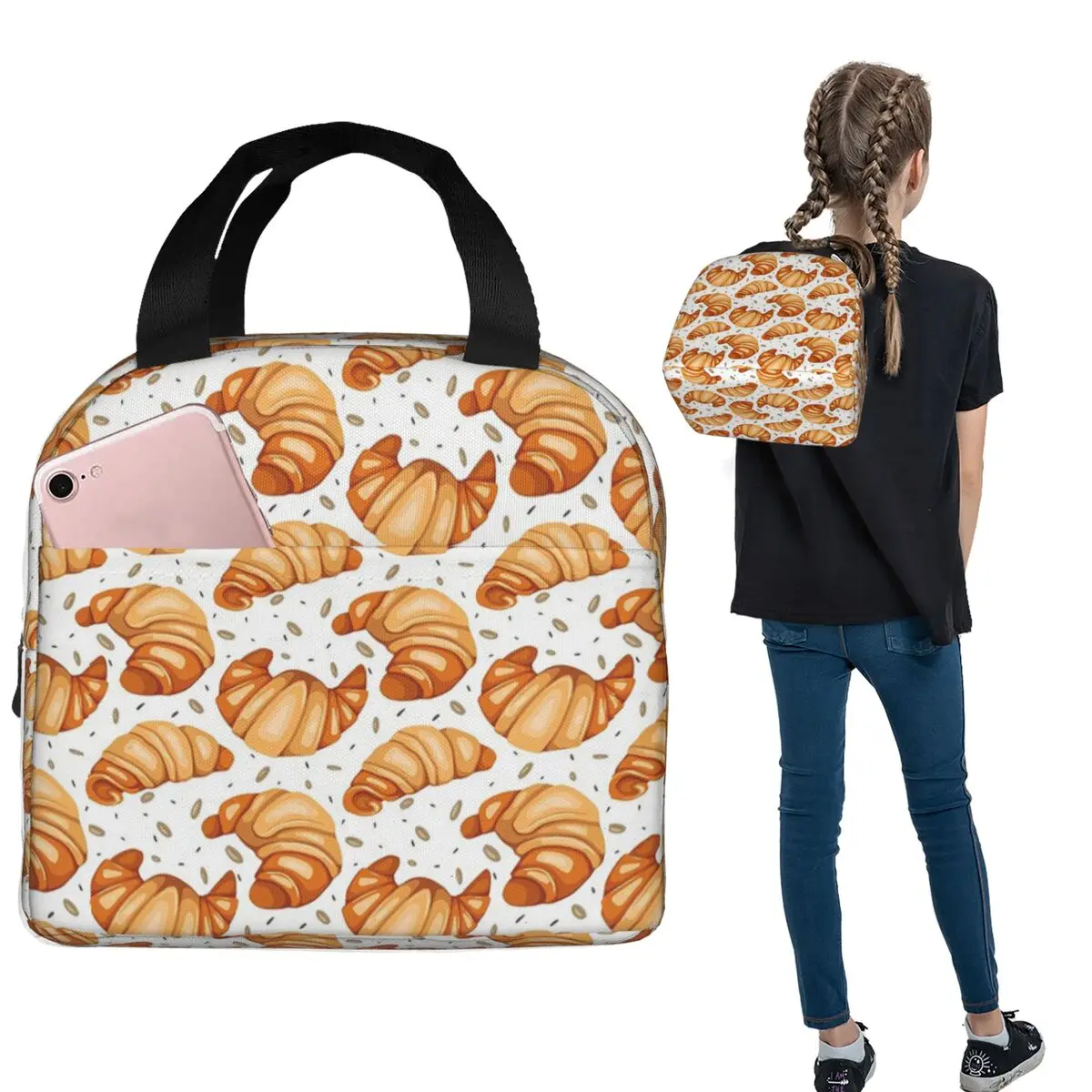 

Термосумка для обедов с мультяшным рисунком круассанов для женщин и детей, портативная термосумка для еды, термосумка-тоут