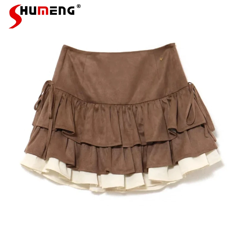 

Japanese Lolita Sweet Cute Design Short Skirt Versatile High-waisted Lace-up A-Line Mini Cake Skirts Pants Two Colors Available