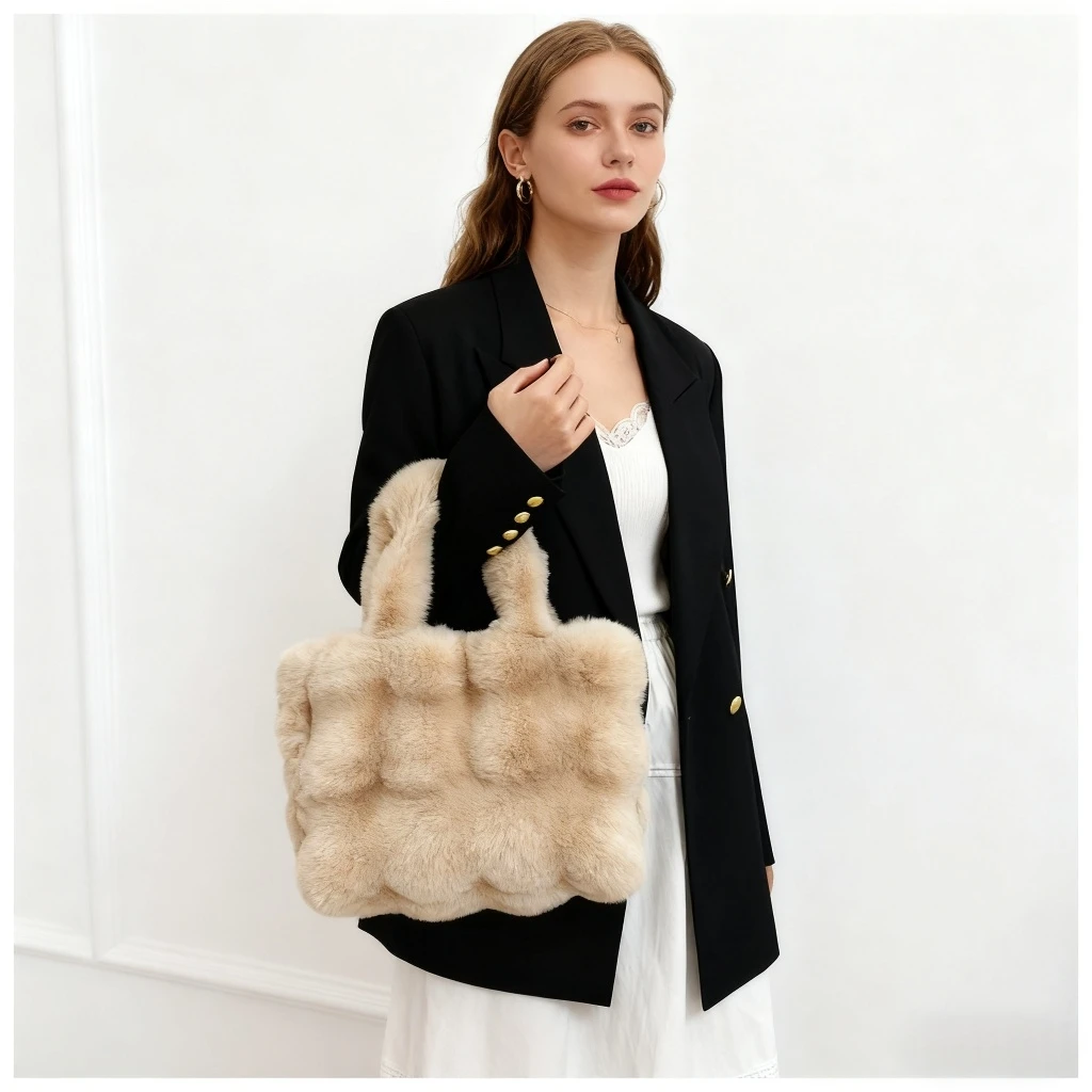 New Winter Plush Shopping Bag Solid Color Square Design Storage Bag 2026 New Khaki Shoulder Bag 39x10x29cm Handbag For Women