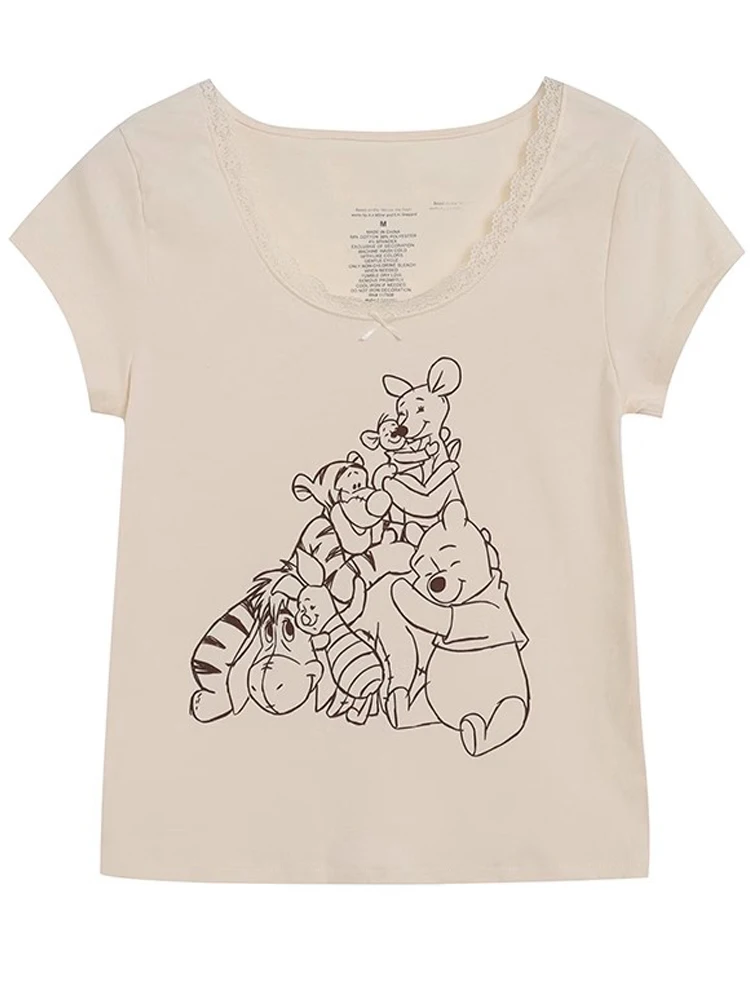 Disney Mary Cat Stitch Thumper Rabbit Winnie the Pooh Bear Cartoon Print T-Shirt Women Lace O-Neck Pullover Short Sleeve Tee Top