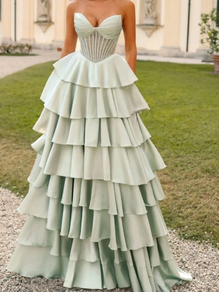 

A2388 Elegant Women Prom Dresses Sweetheart Ruched Tiered Skrit Full Length Formal Evening Wear Wedding Party Gown Customized